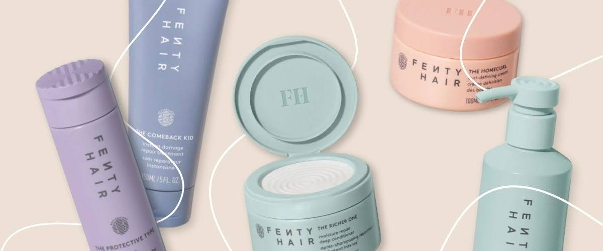 Fenty Hair product collection for curly and textured hair, featuring The Comeback Kid repair treatment, The Homecurl curl cream, The Richer One moisture mask, and styling essentials in stylish pastel packaging