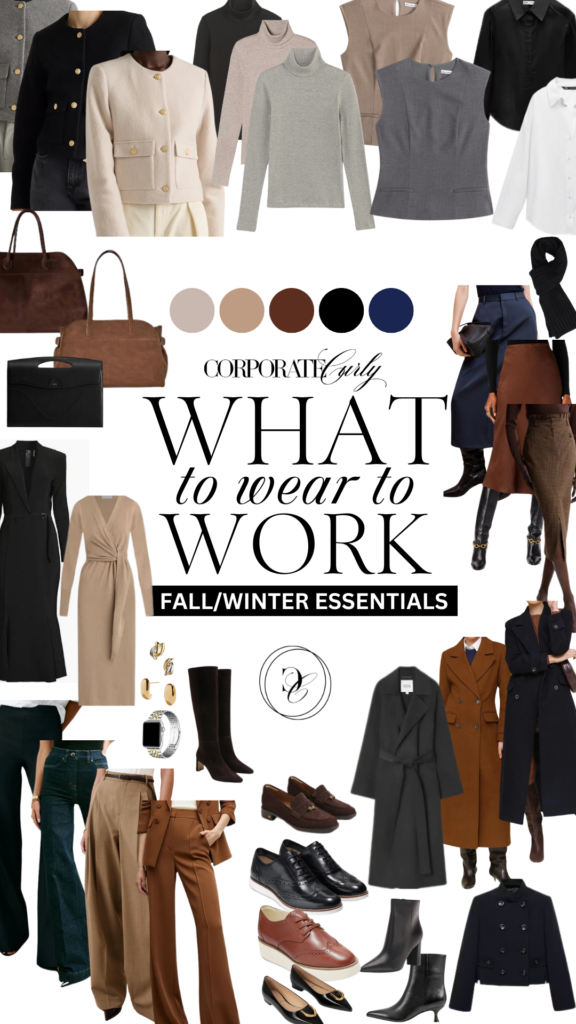 Fall and winter workwear capsule for business casual office outfits, including essential pieces for a professional and stylish look.