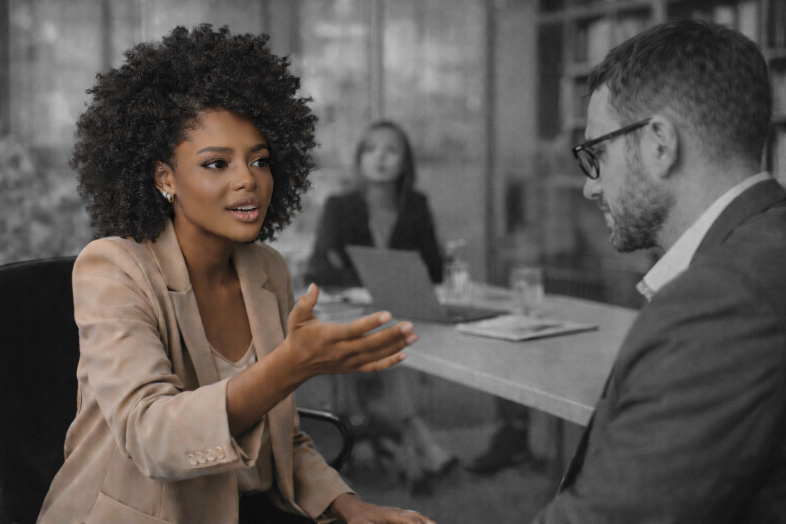 A Black woman in a professional office setting speaks passionately during a workplace conversation while her colleague listens, highlighting the tension between advocacy and perception.