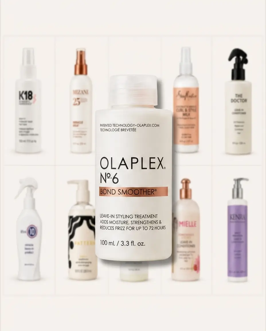 Curated leave-in hair treatments displayed on a clean product shelf