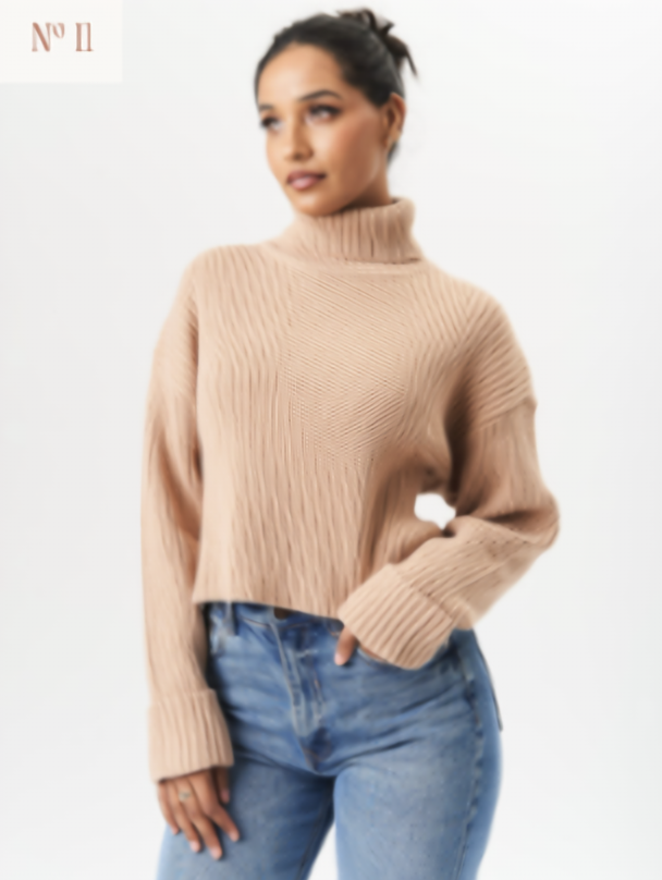 Camel high-neck chunky knit jumper