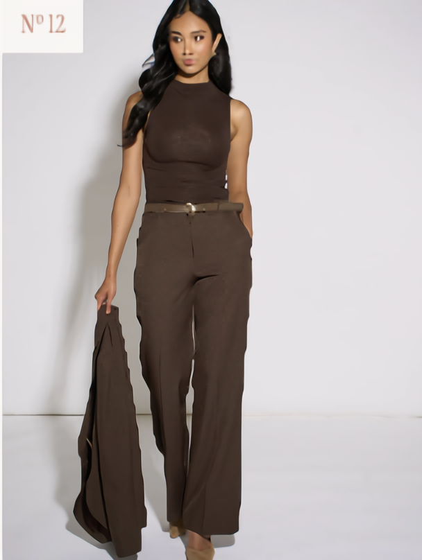 Chocolate belted wide-leg trousers