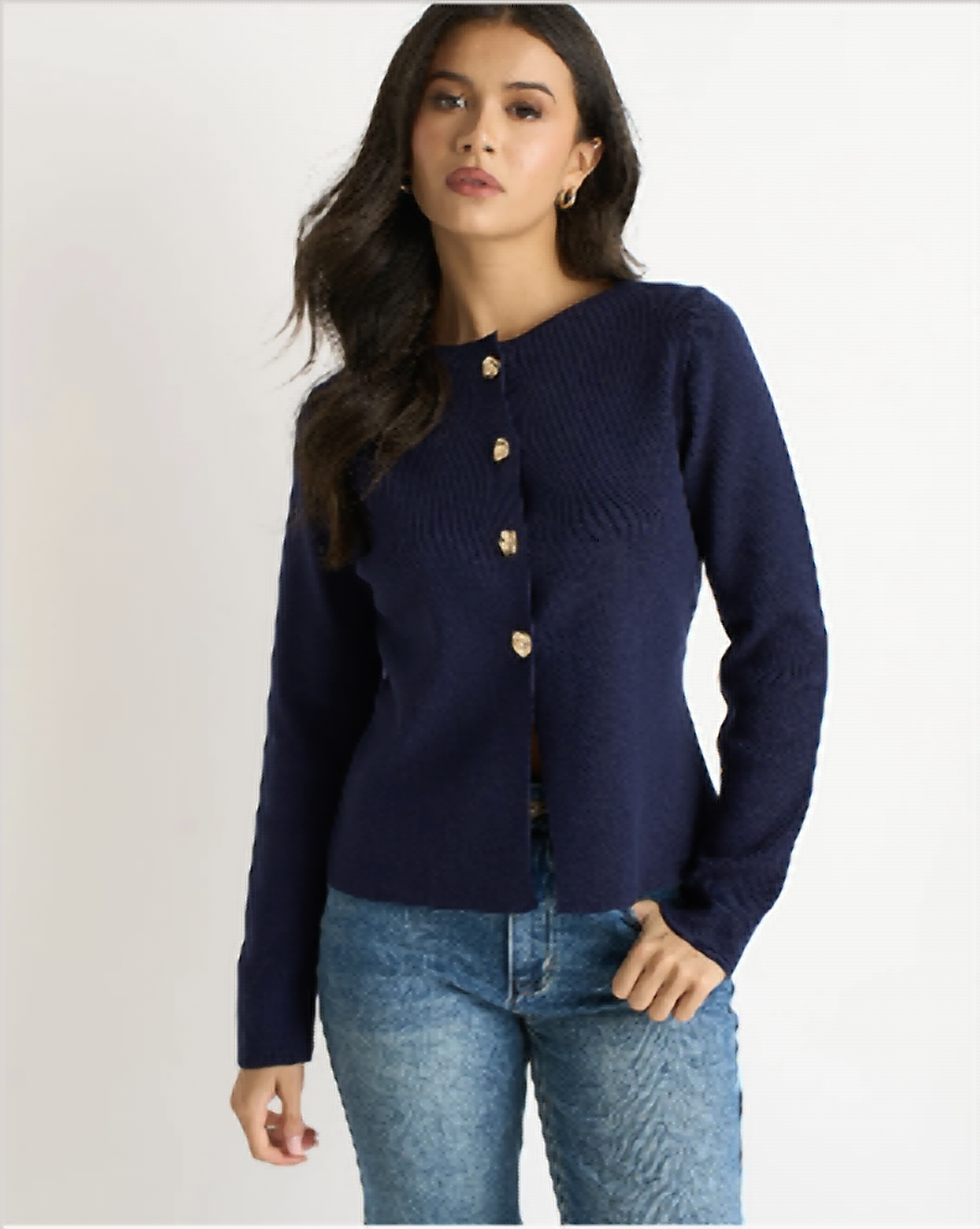 Navy gold-button ribbed cardigan