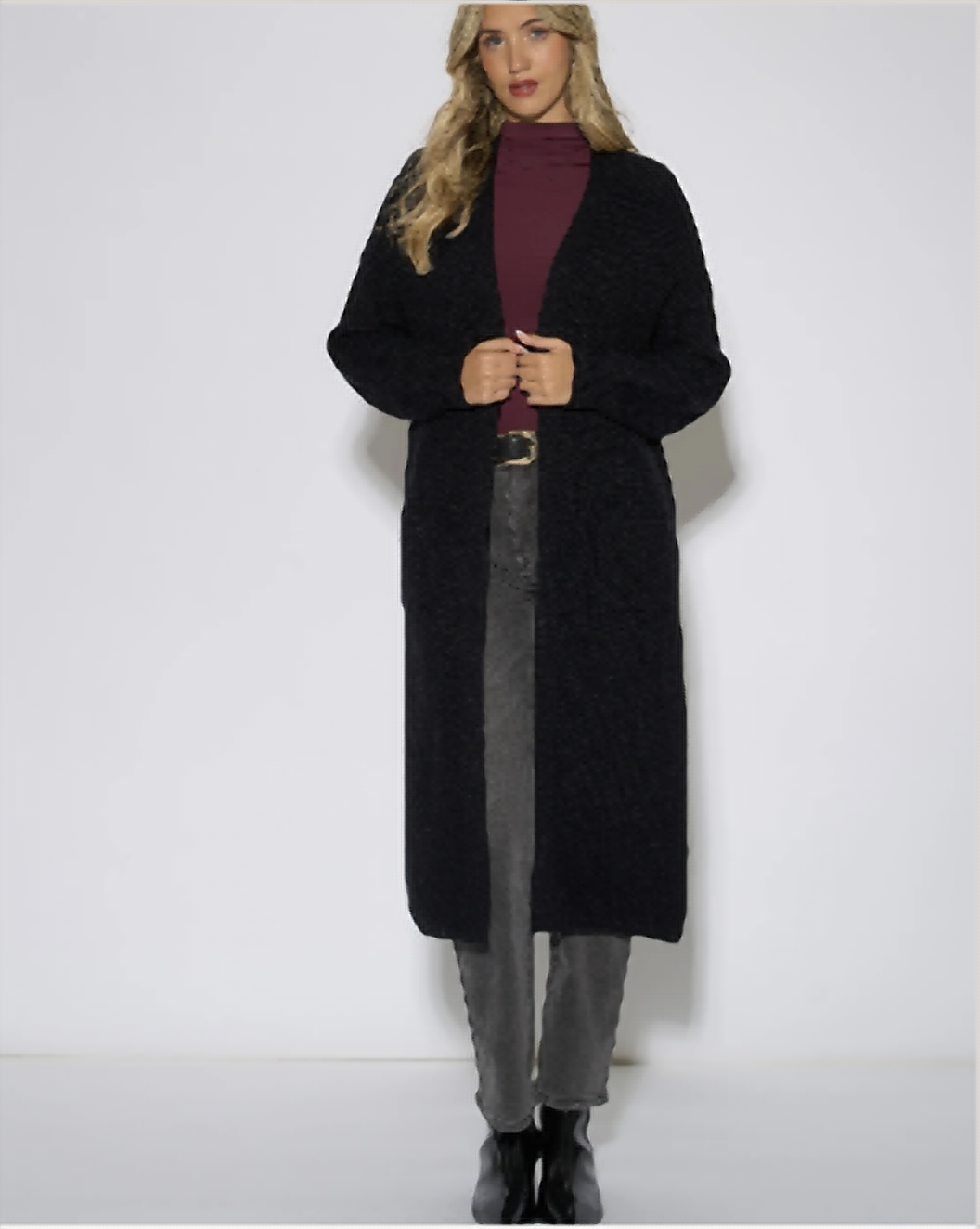 Black longline knit cardigan