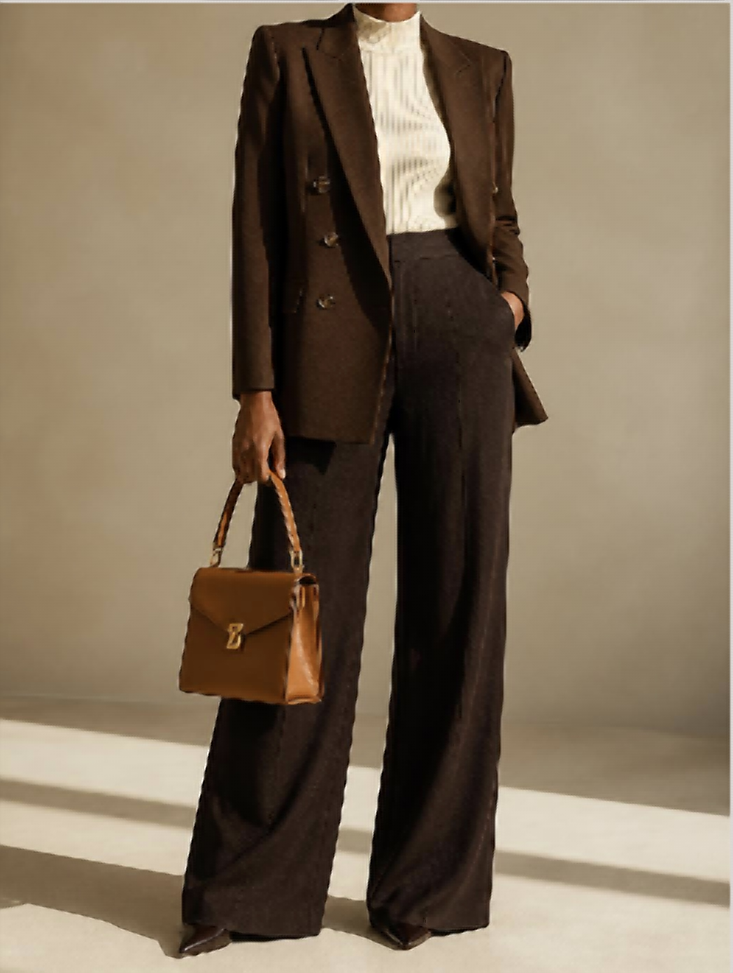 Chocolate blazer, cream knit and wide-leg trousers
