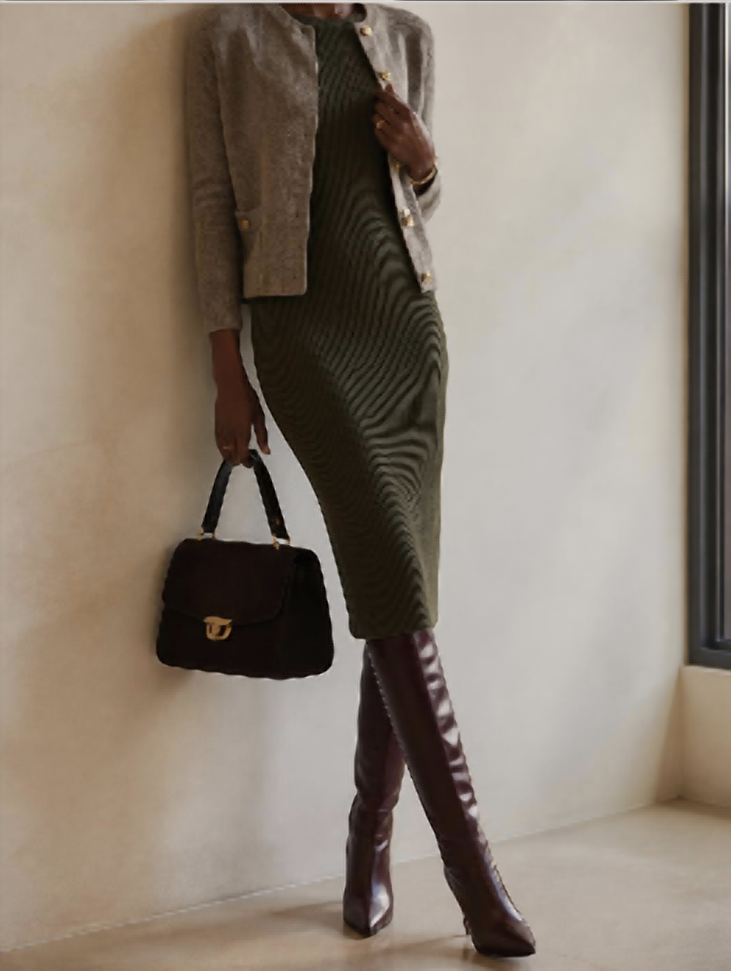 Olive column dress with oxblood knee boots