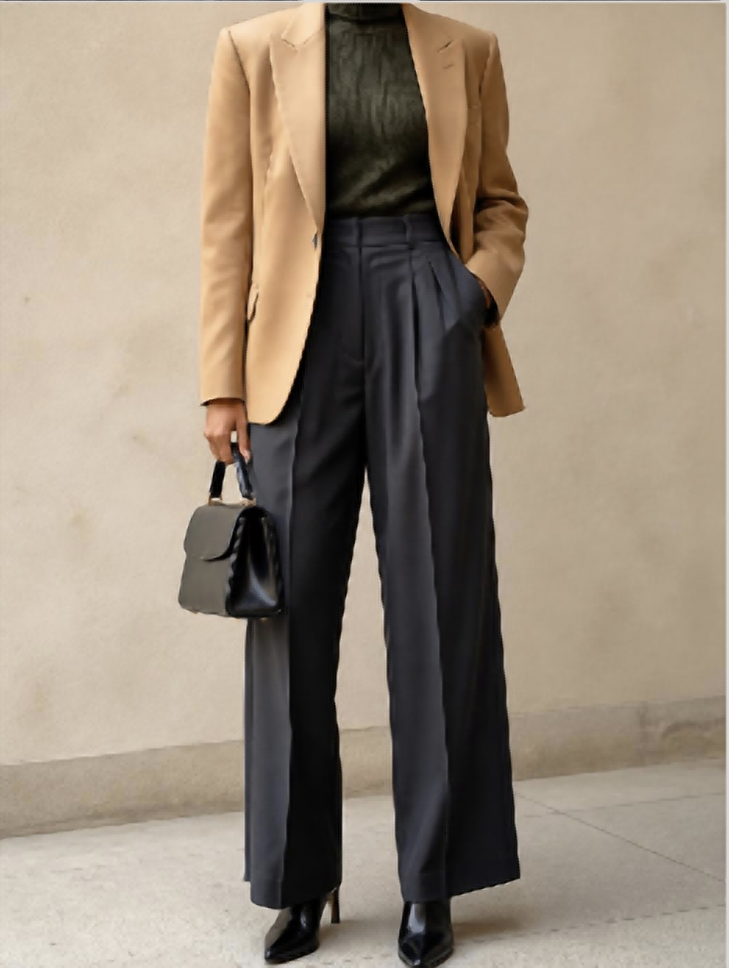 Camel blazer, olive high-neck knit and charcoal trousers