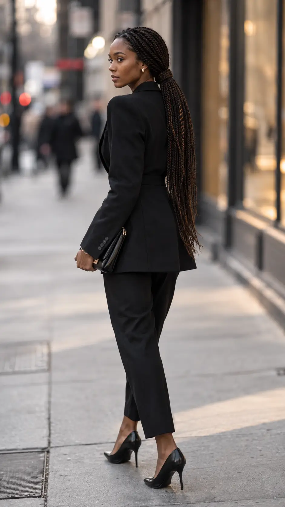 Black professional woman in a polished city look wearing braids down