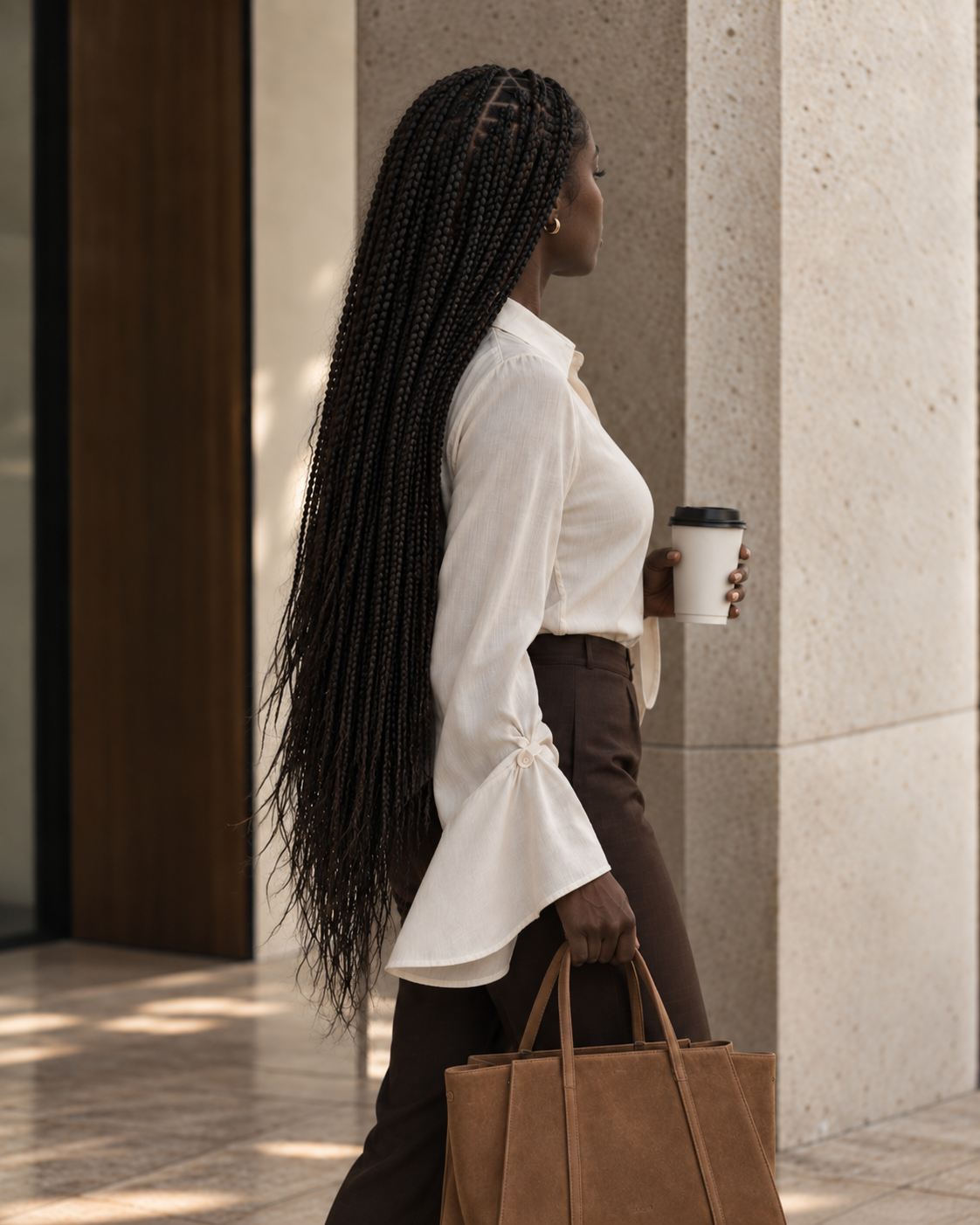Black professional woman wearing braids in an easy workday style while walking with coffee