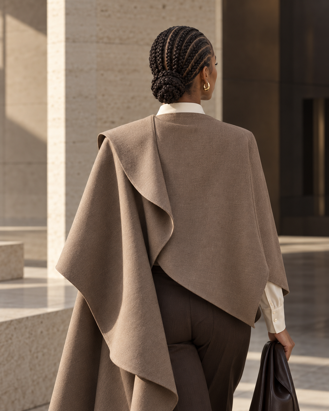 Black professional woman in a sculptural cape wearing an elevated braided style