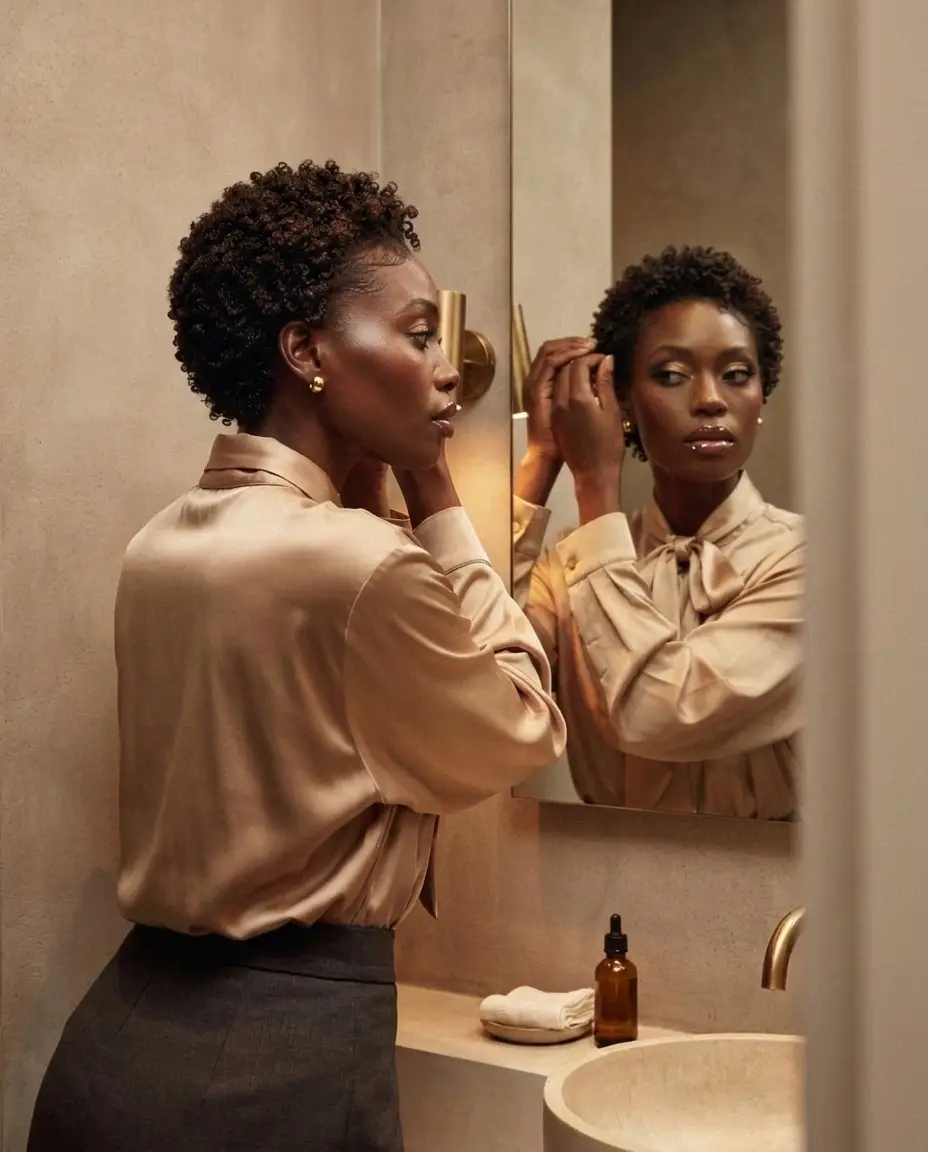 Black professional woman with a polished short natural hairstyle checking her look in a mirror