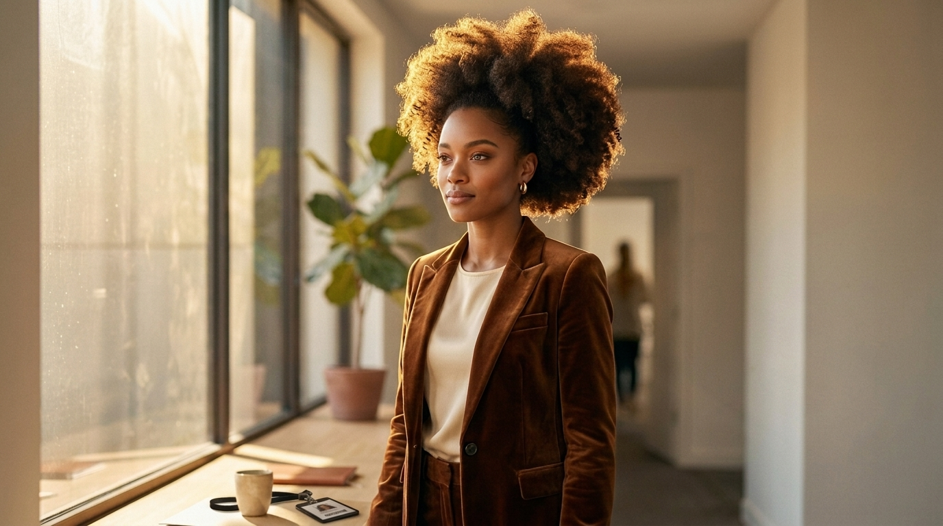 Black professional woman wearing a high puff with a smooth perimeter, in a blazer at her desk.