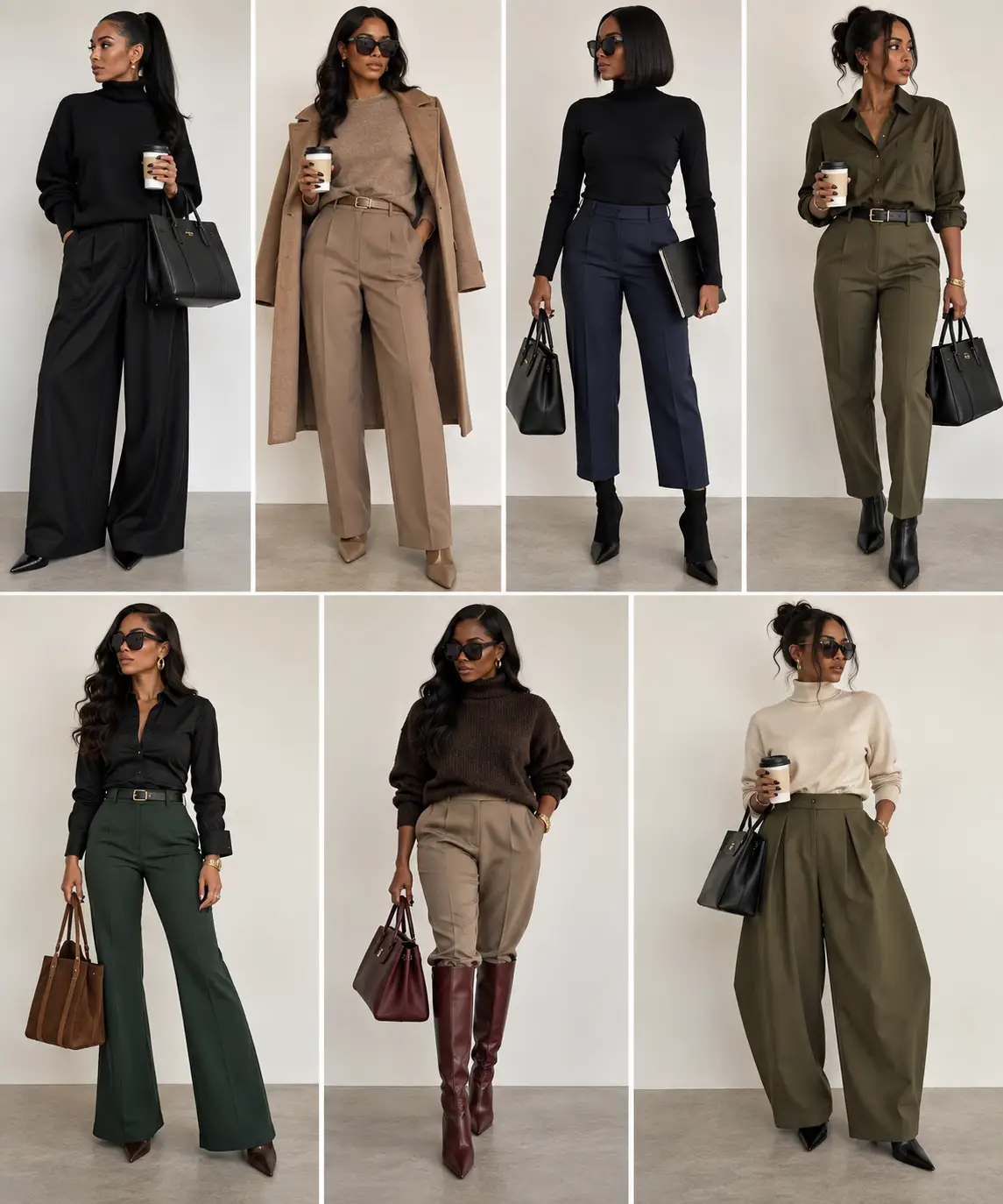 Seven work outfits pairing dress pants with ankle and knee boots