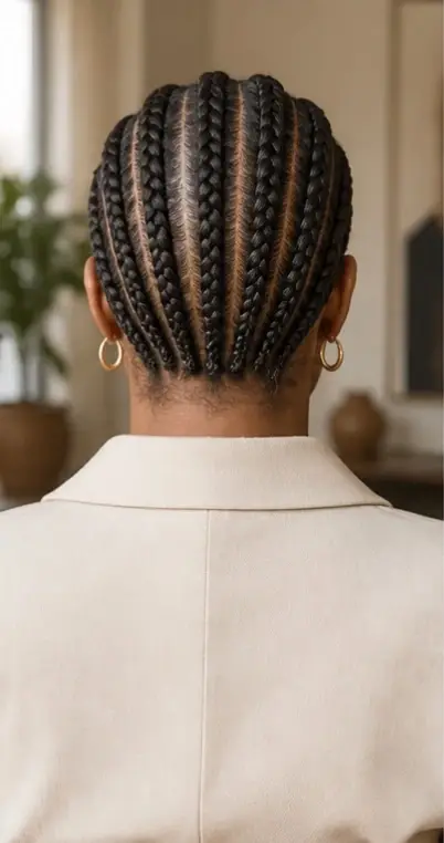 Rear view of straight-back cornrows ending neatly at the nape