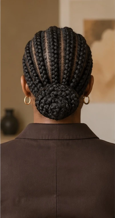 Rear view of straight-back cornrows gathered into a low braided bun