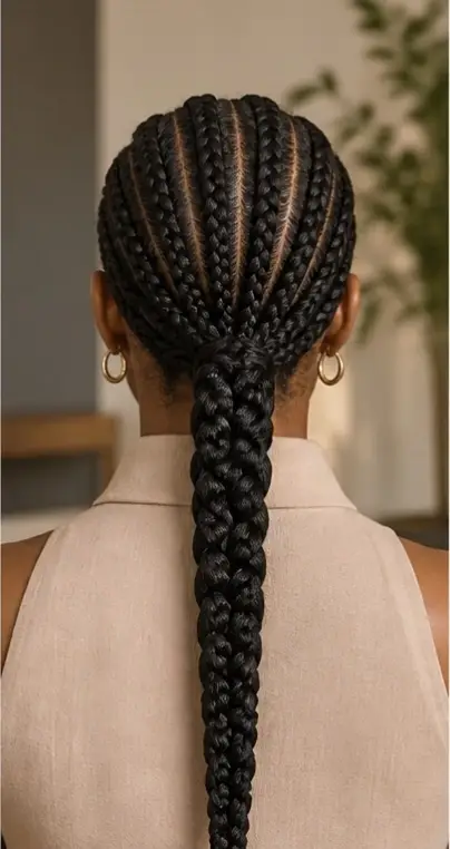 Rear view of straight-back cornrows flowing into a long braided ponytail