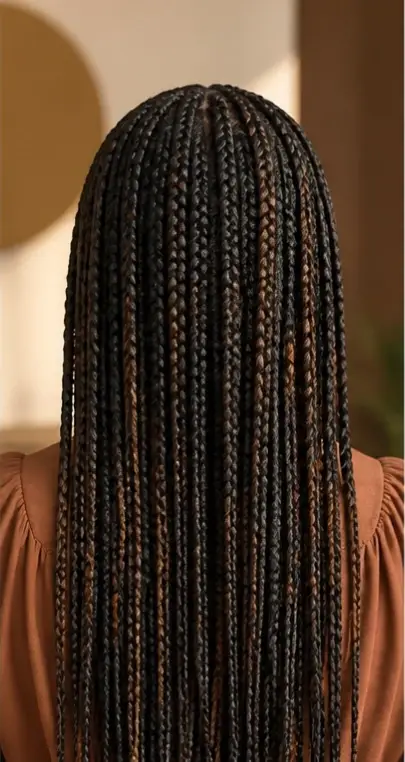 Rear view of long medium knotless box braids worn down