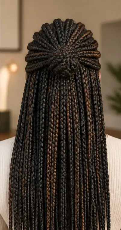 Rear view of knotless braids styled half-up at the crown