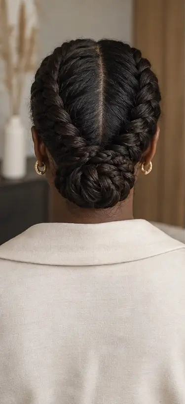 Rear view of two fishtail-inspired braids wrapped into a low bun