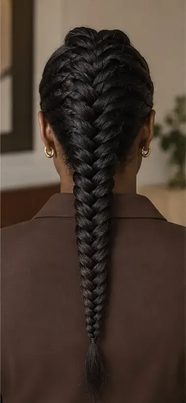 Rear view of one long fishtail-inspired braid down the center of the back