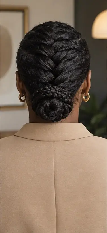 Rear view of a crown braid flowing into a low braided bun