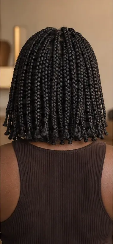 Rear view of a shoulder-skimming knotless braided bob