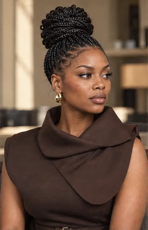 Black professional woman wearing a sculptural braided high bun