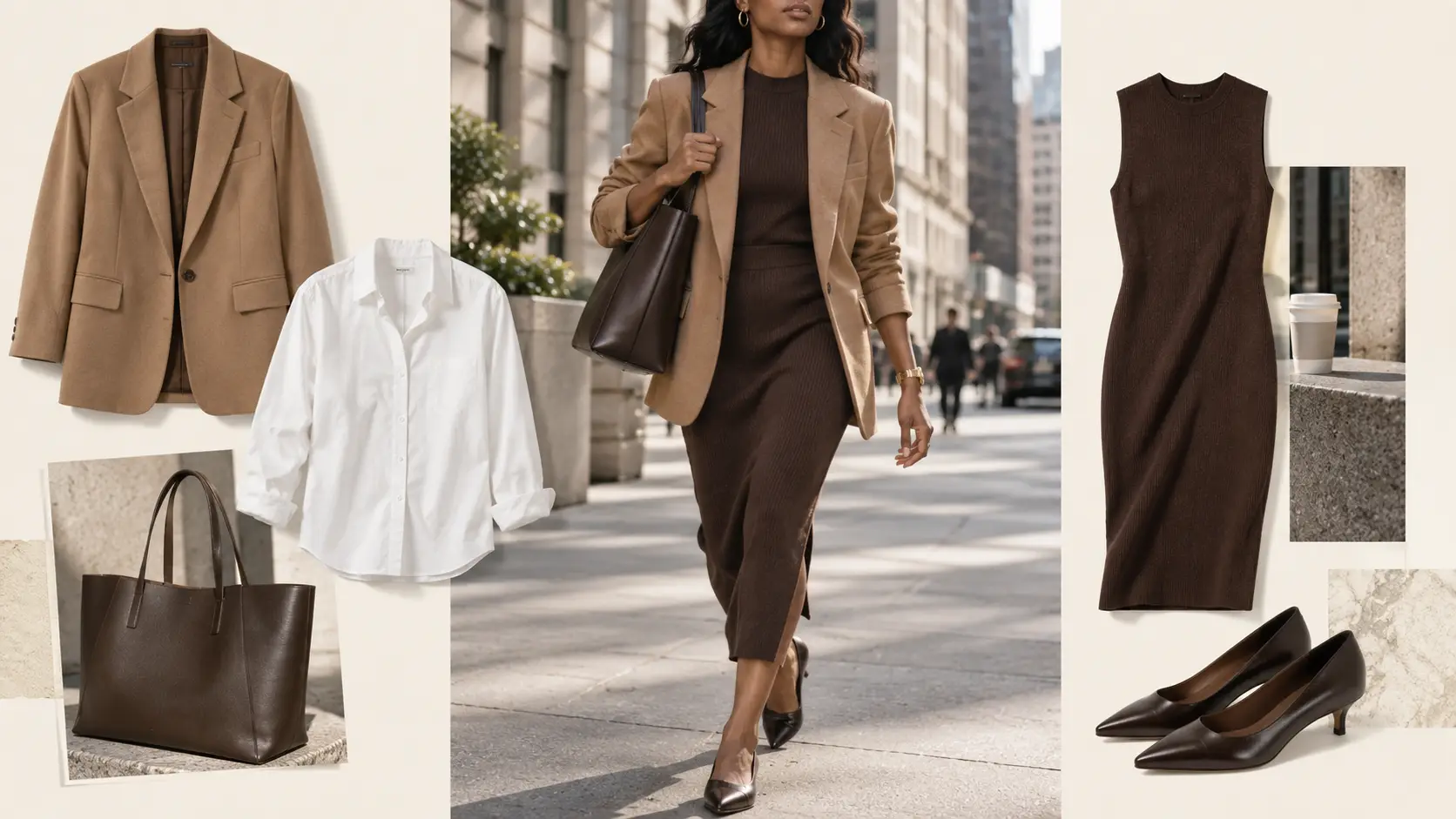 Black professional woman walking in a camel blazer and brown work dress beside business casual staples including a white button-down, tote and pumps