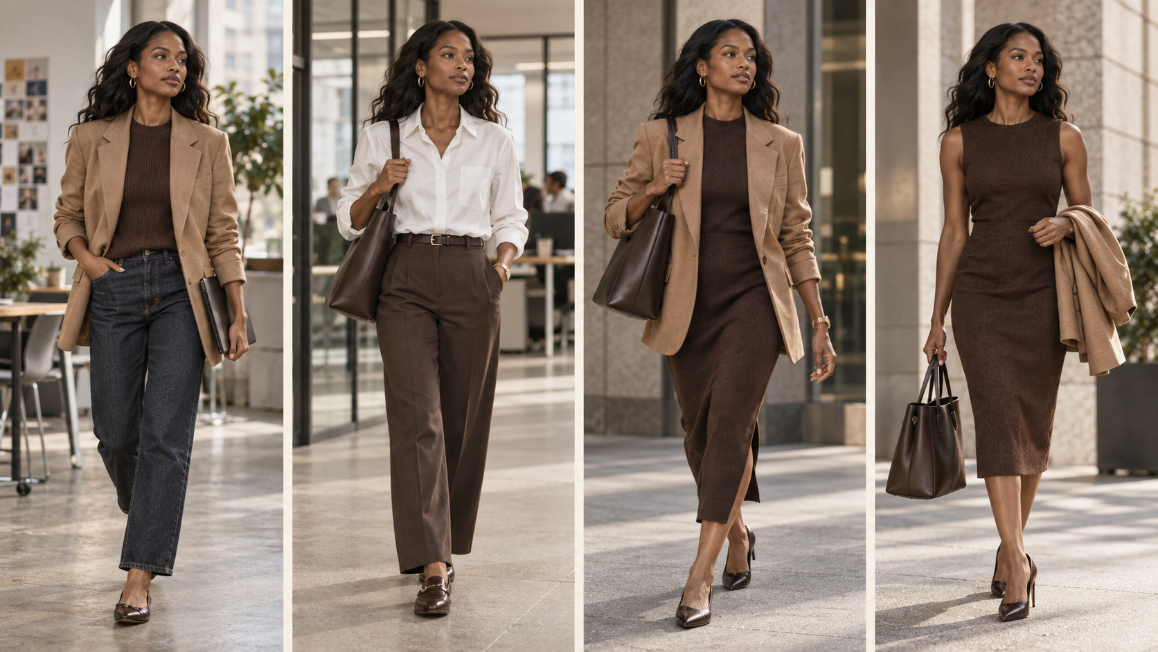 Four business casual outfits on a Black professional woman ranging from dark denim and a blazer to a polished brown midi dress