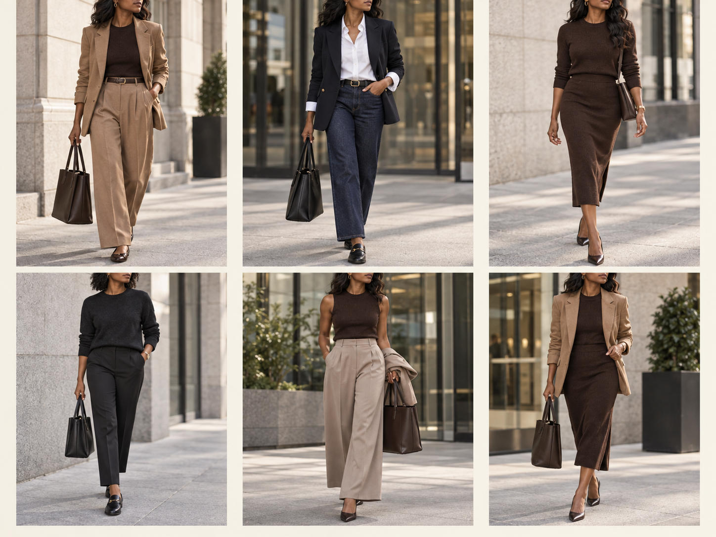 Six business casual outfit formulas for women including tailored trousers, dark denim, pencil skirt, sleeveless shell and midi dress