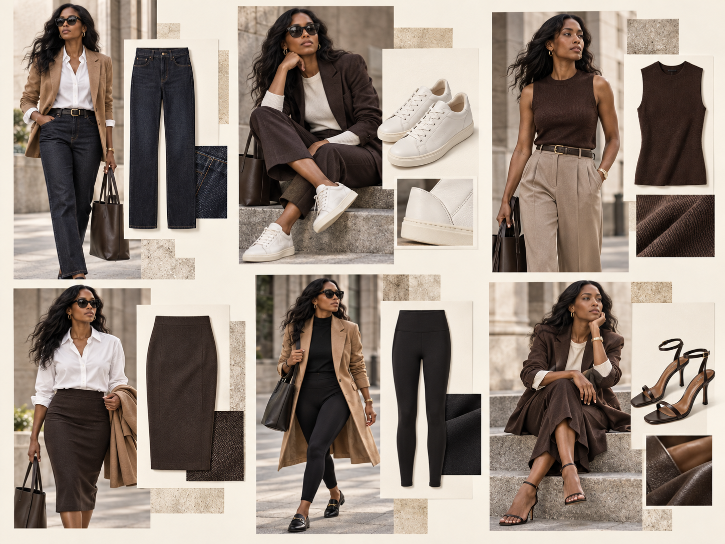 Editorial collage showing business casual jeans, leather sneakers, sleeveless knit top, pencil skirt, leggings and open-toe heels styled for work