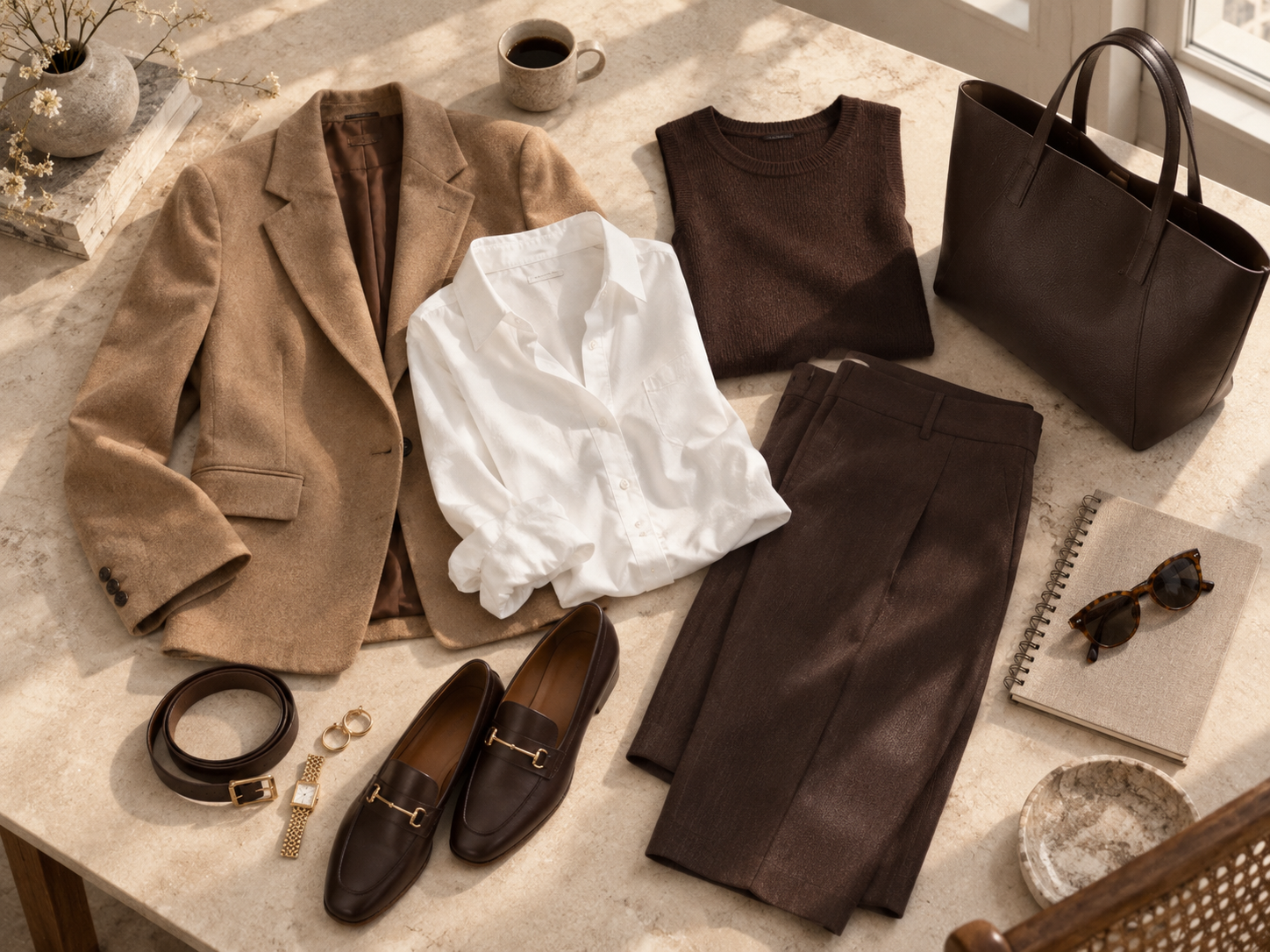 Close editorial view of a Black professional woman in a white button-down and brown tailored trousers carrying a work tote, notebook and coffee