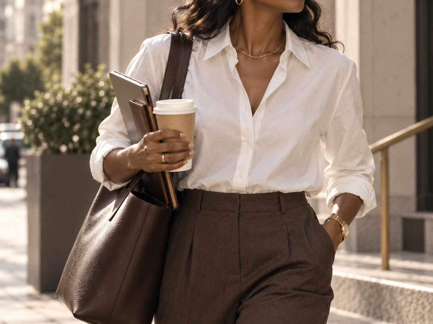 Business casual capsule wardrobe with camel blazer, white button-down, brown knit shell, tailored trousers, loafers, belt and structured tote
