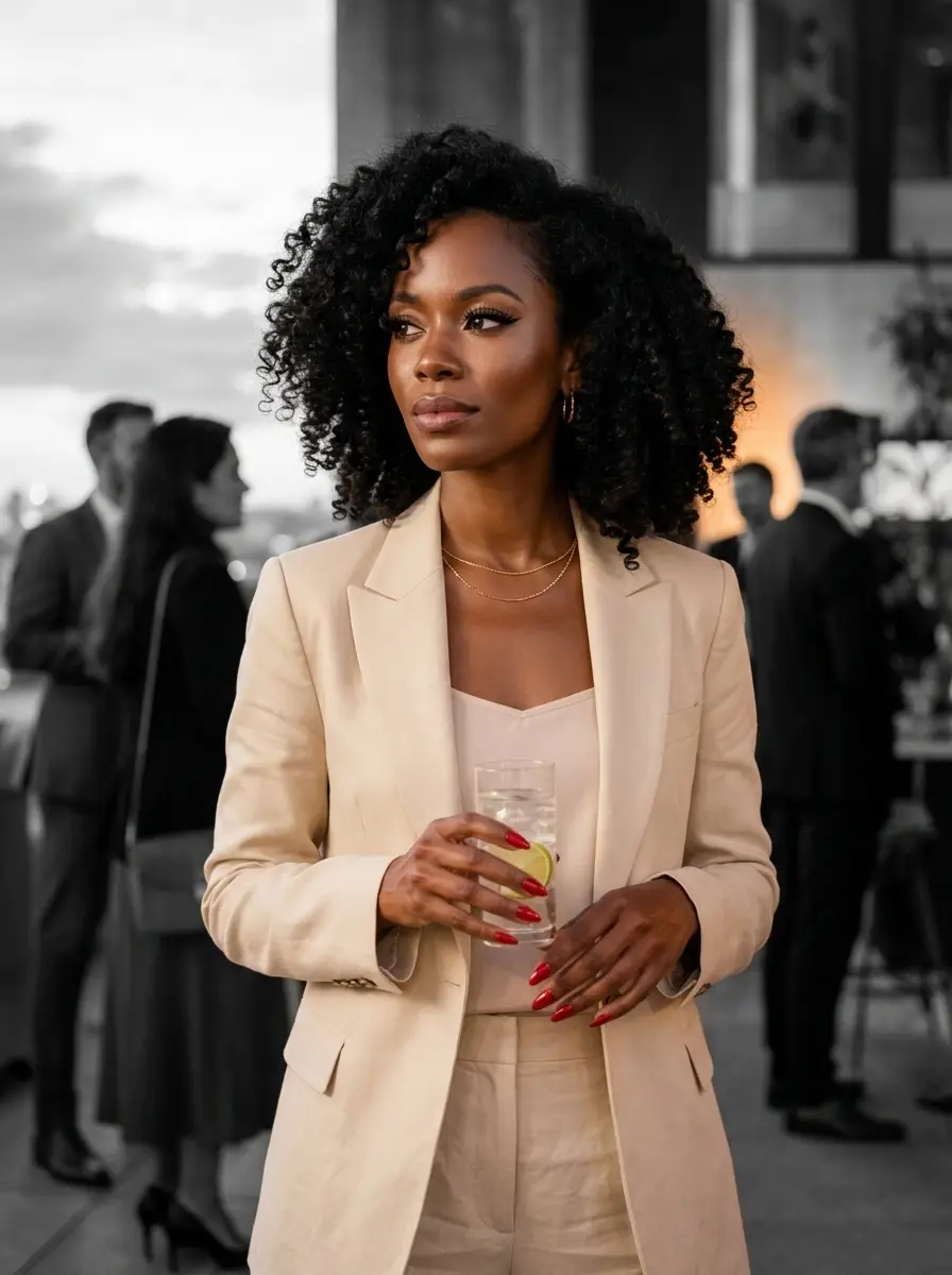 A Black professional woman with natural curls holding sparkling water while talking with colleagues at an evening work reception