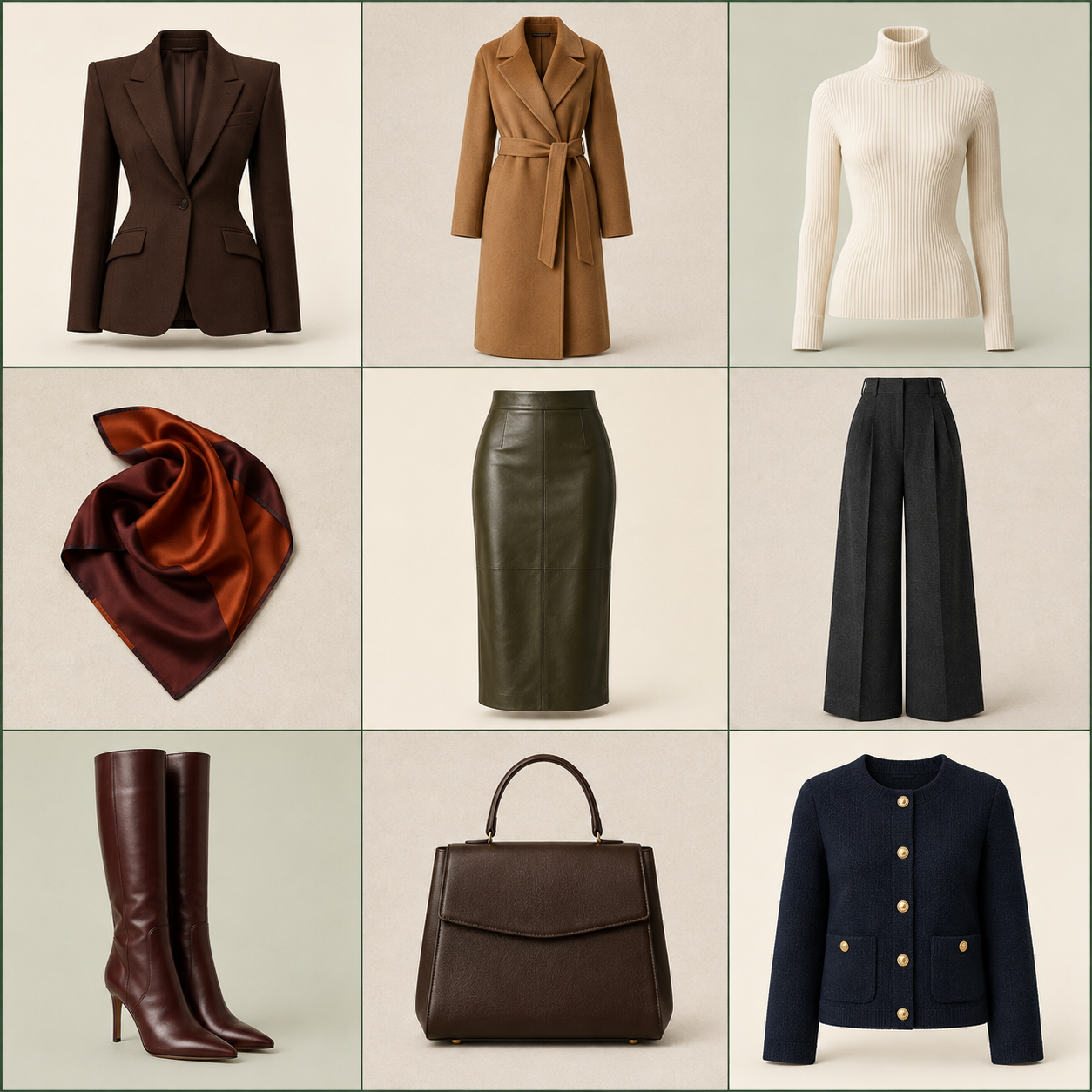 Nine-piece fall workwear grid with a chocolate blazer, camel coat, ivory turtleneck, silk scarf, olive skirt, charcoal trousers, oxblood boots, espresso bag and navy knit jacket