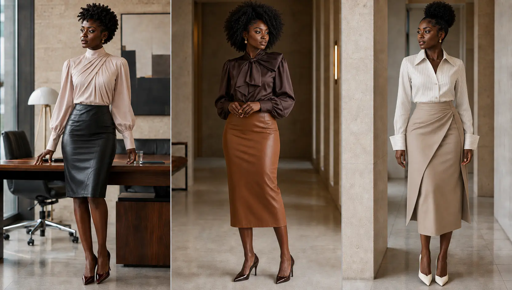 Black professionals demonstrating pencil-skirt fit while walking, standing and sitting in brown, black and beige styles