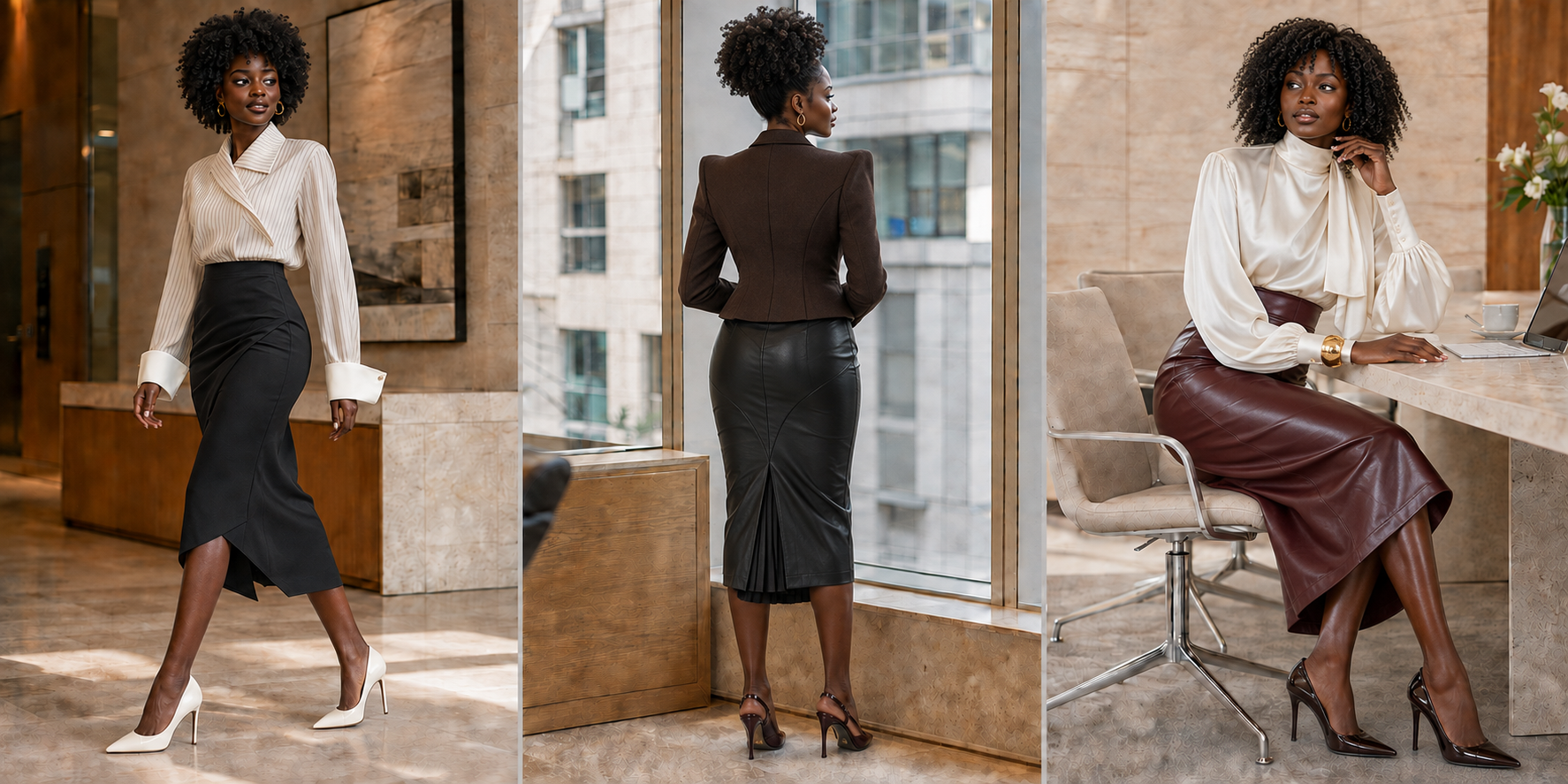 Three Black professionals wearing black, espresso-brown and warm-beige pencil skirts at knee, below-knee and midi lengths