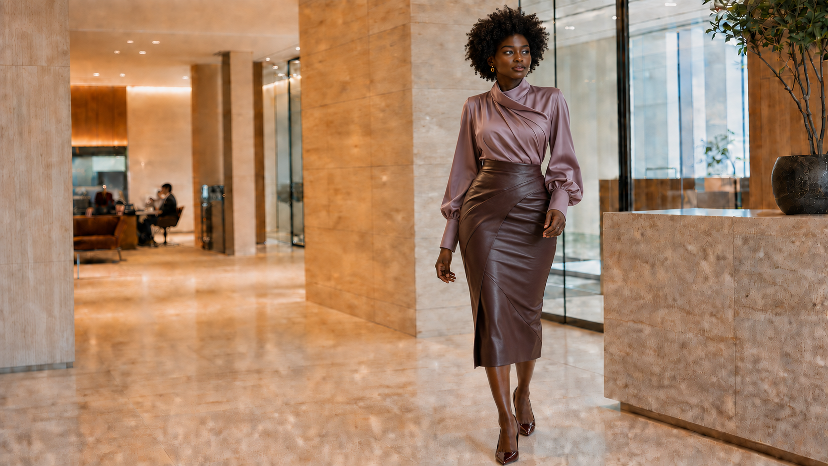 Youthful deep-dark-skinned African executive with high cheekbones and a short curly pixie wearing a cinched black blazer, pencil skirt and patent heels