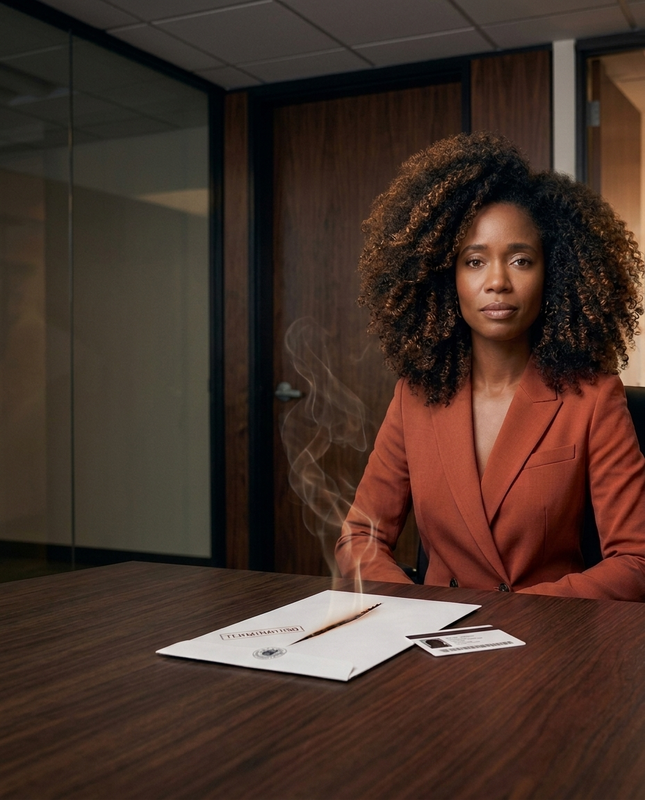 Black professional woman with natural curls seated beside a termination envelope and access badge