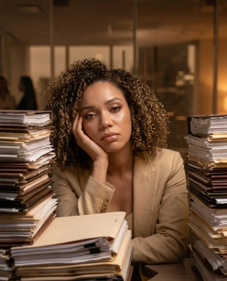 A Black professional woman with natural curls seated confidently in a modern office