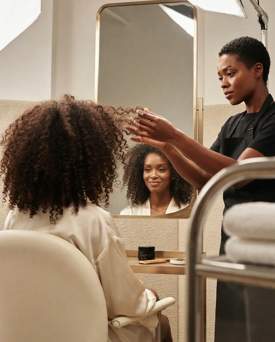 Black hairstylist assessing a client’s natural curls in an elegant salon
