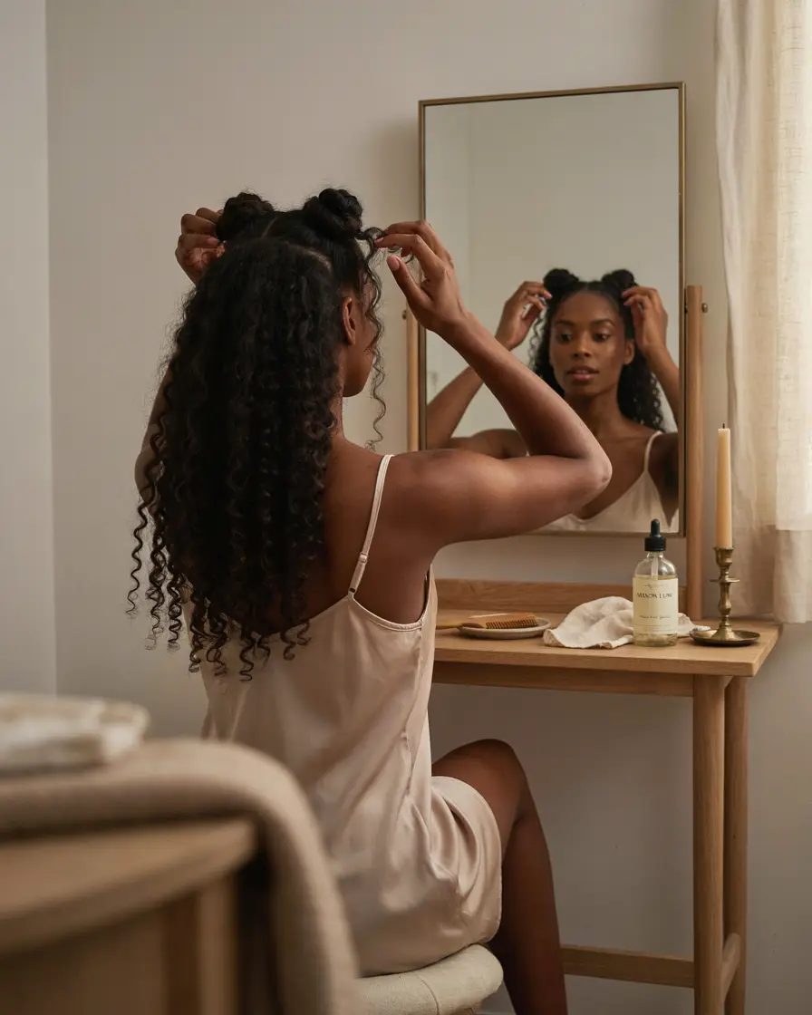 Black woman styling her natural curls into sections in front of a mirror