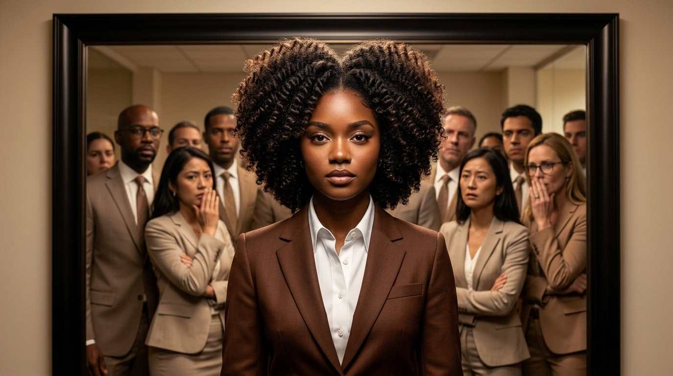 Black professional woman with natural hair standing confidently while coworkers look on