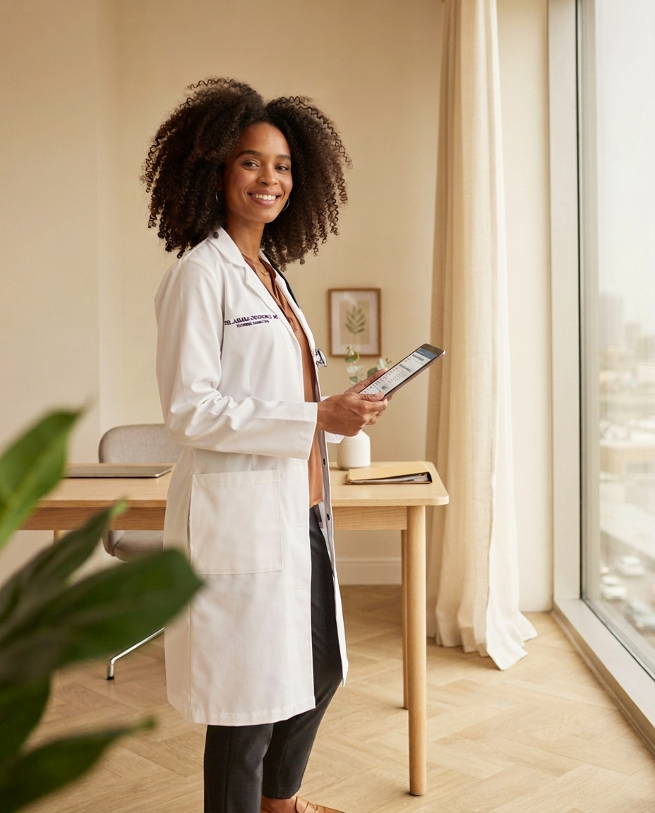 Black hair-health professional wearing a white coat in a bright consultation room