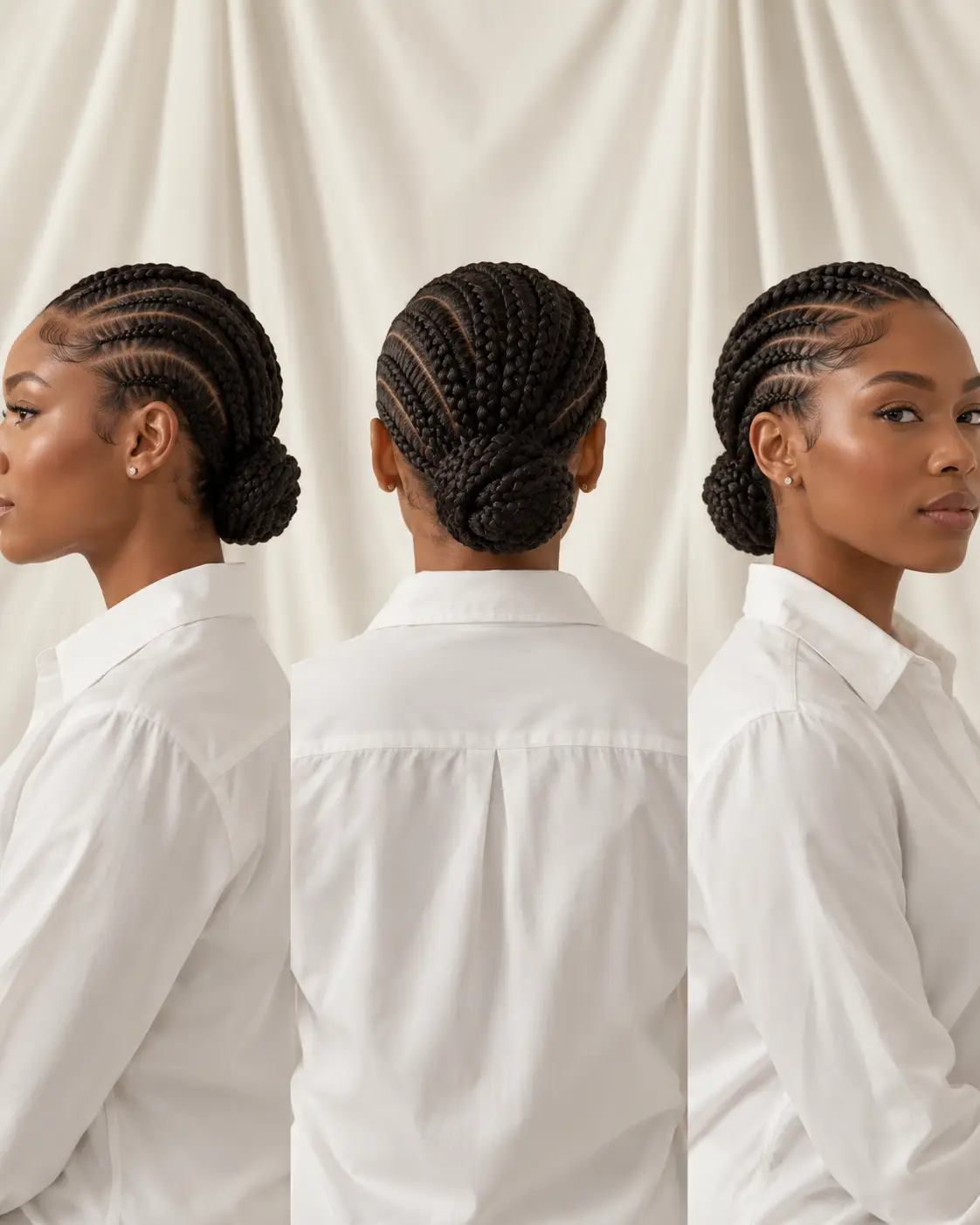 Cornrows gathered into a low bun shown from three angles