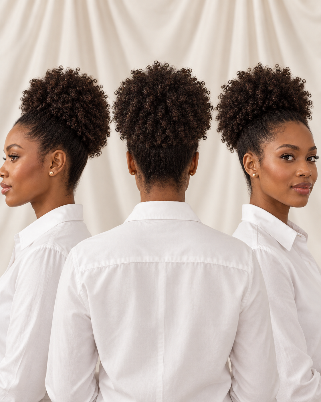 High natural puff shown from three angles