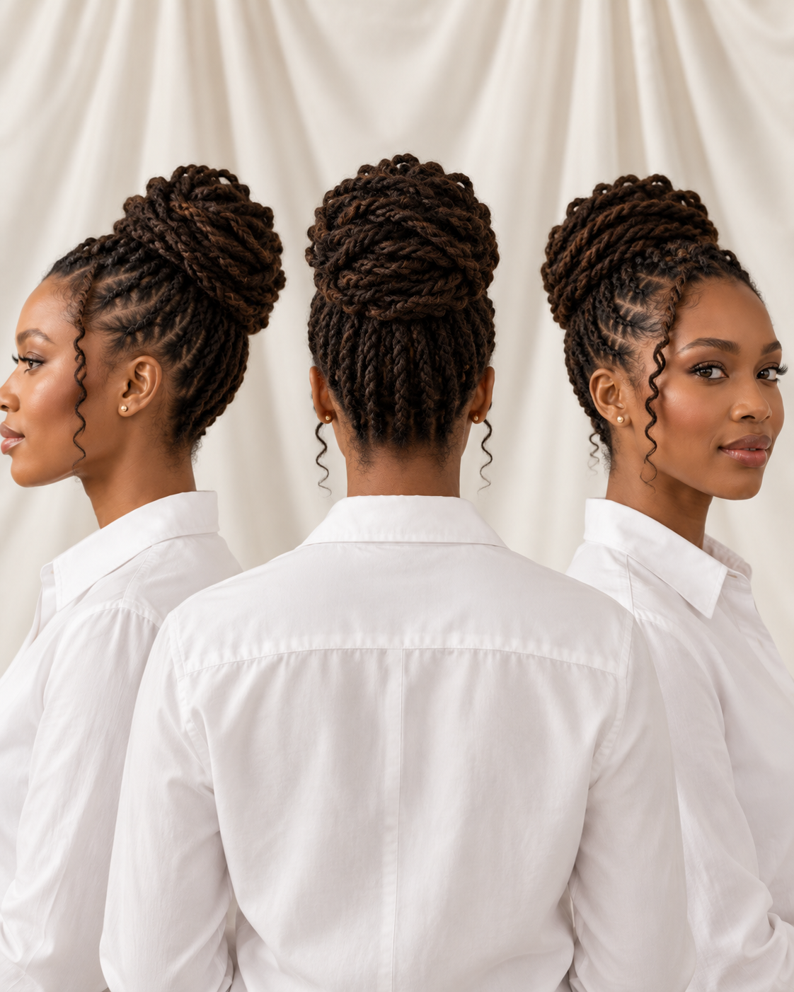 Chunky twist updo shown from three angles