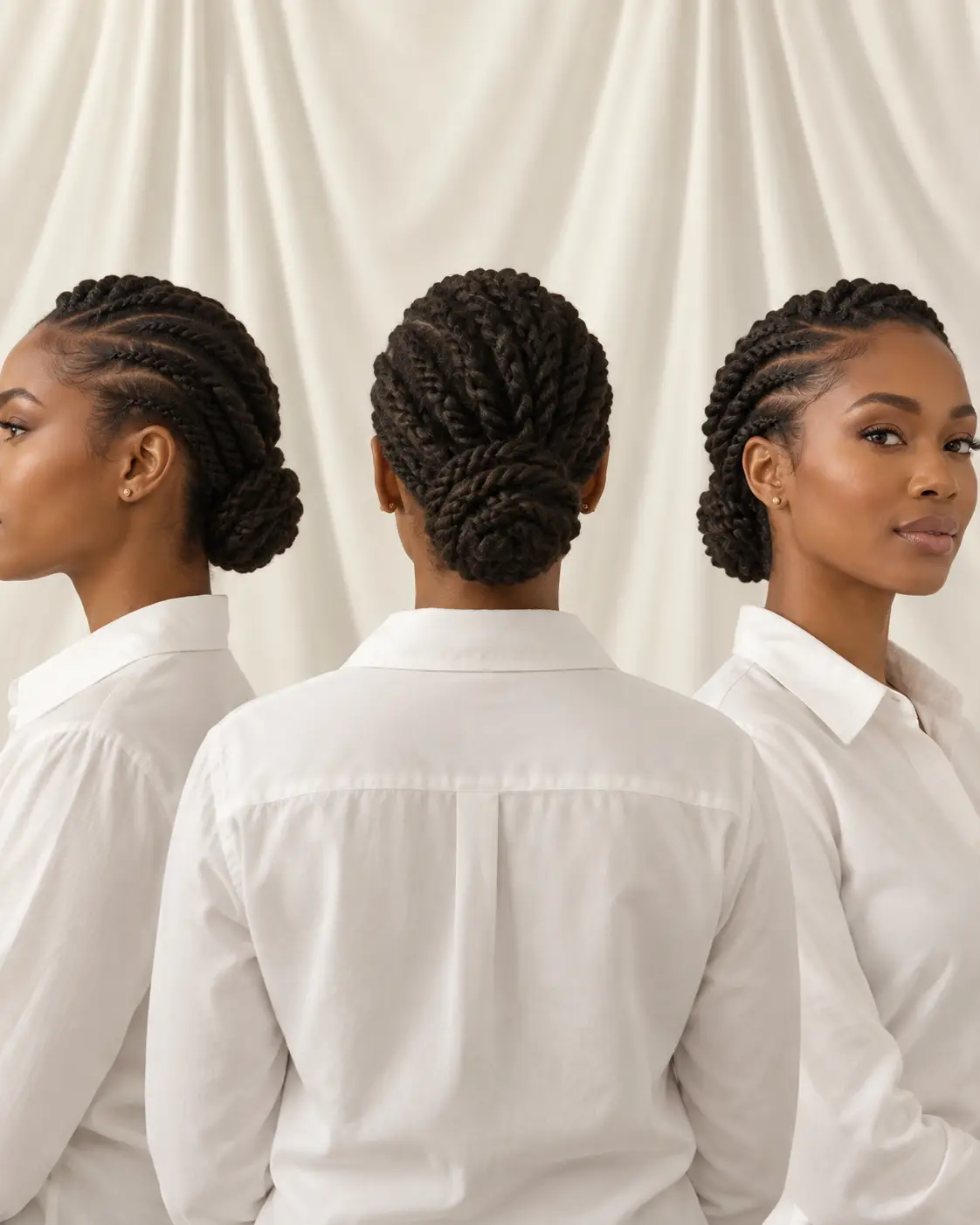 Rope twists gathered into a low bun shown from three angles