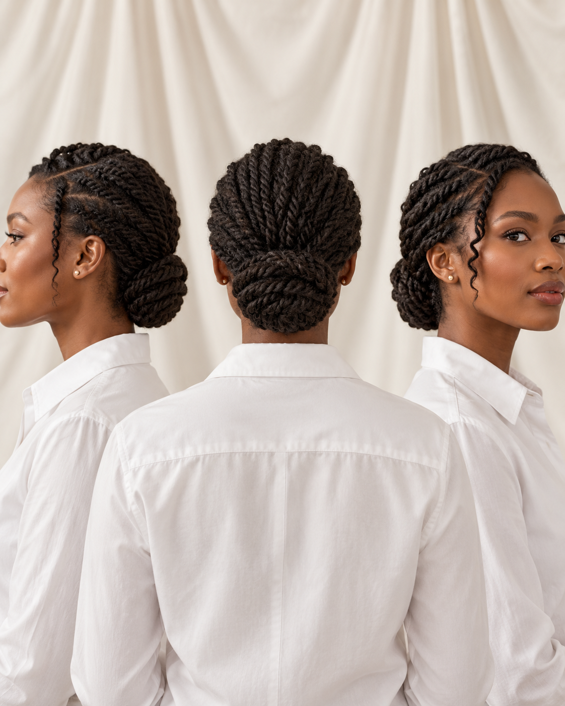 Two-strand twists gathered into a low bun shown from three angles