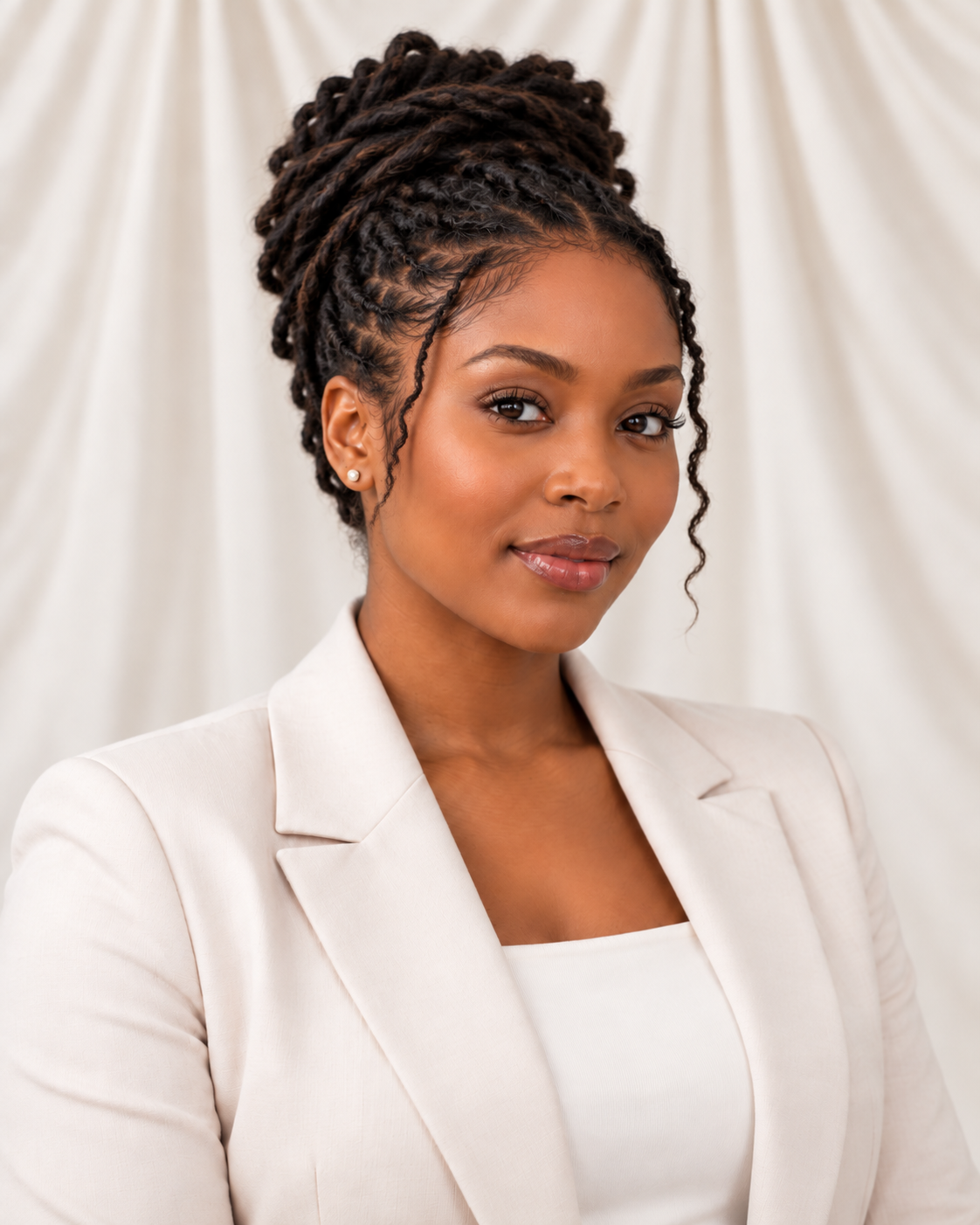 Black woman wearing locs styled into an updo for an interview